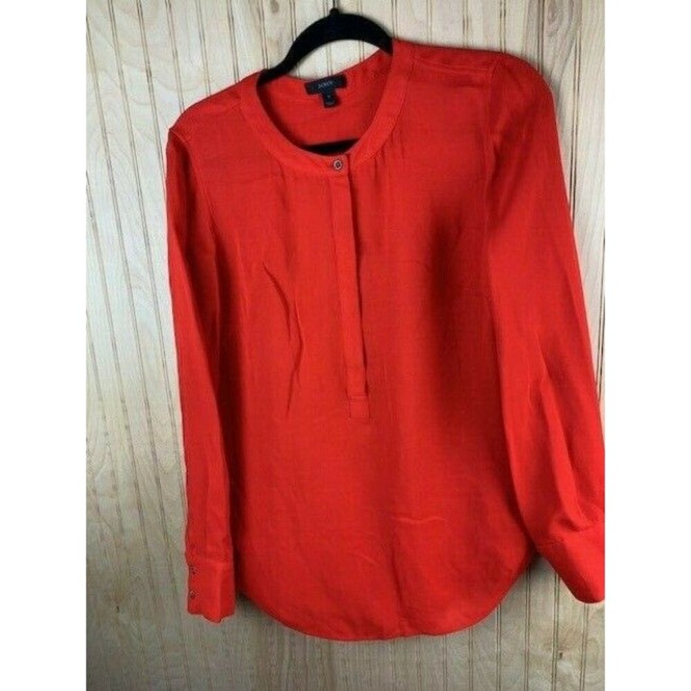 J Crew Womens Top Size 8 Red Long Sleeve Tunic Button Front Mandarin Collar